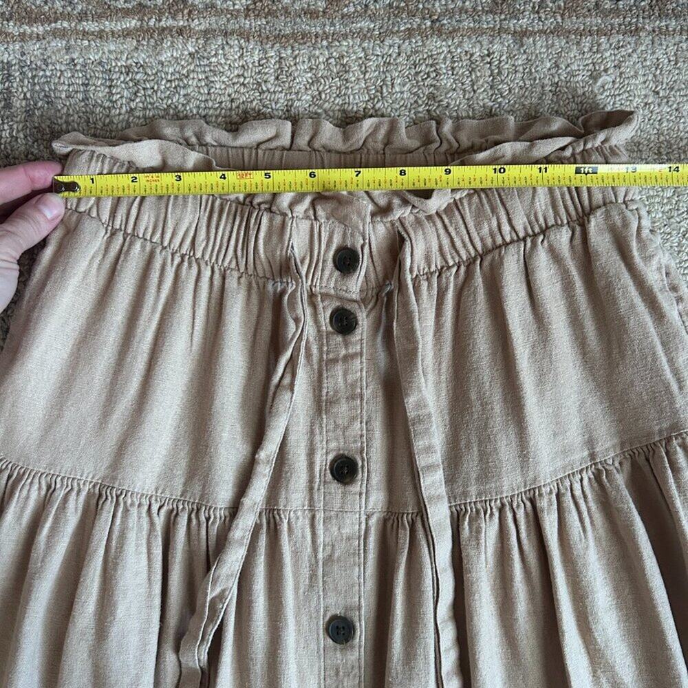 Romantic Cottage Peasant Linen Button Front Midi Skirt Neutral Tie Tiered XS - Picture 10 of 11